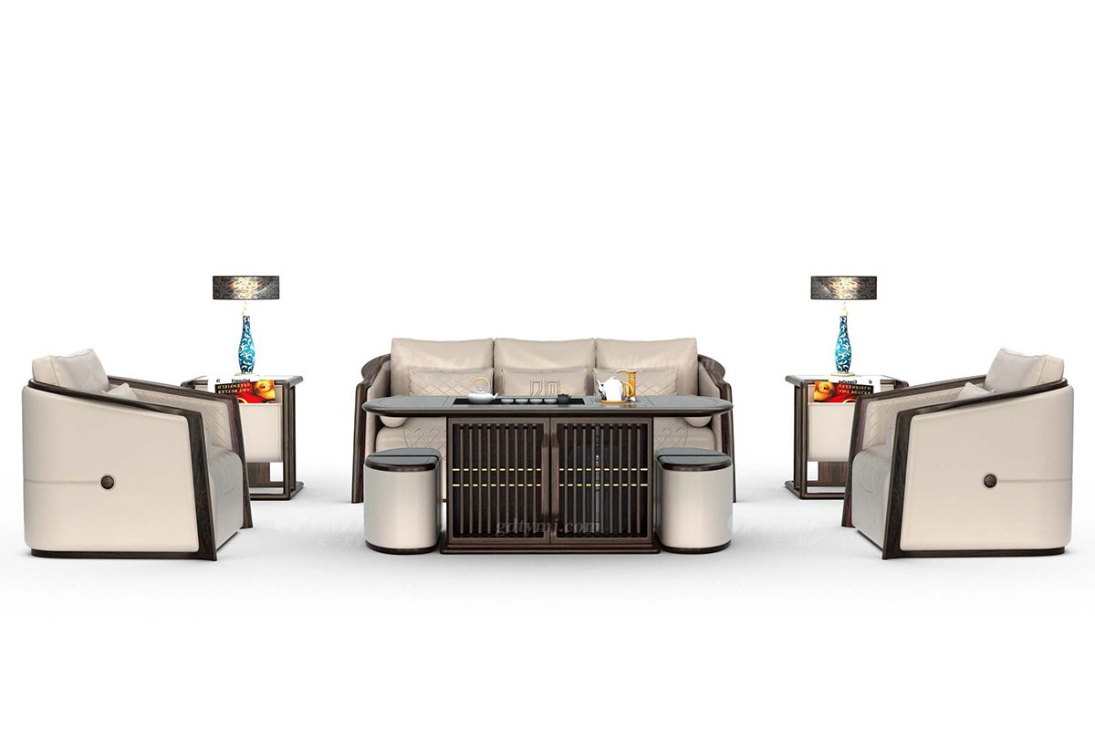 新中式家具風格品牌別墅會所家具大氣時尚高端進口烏金木實木+皮藝單位沙發H-GNSF11單位沙發場景