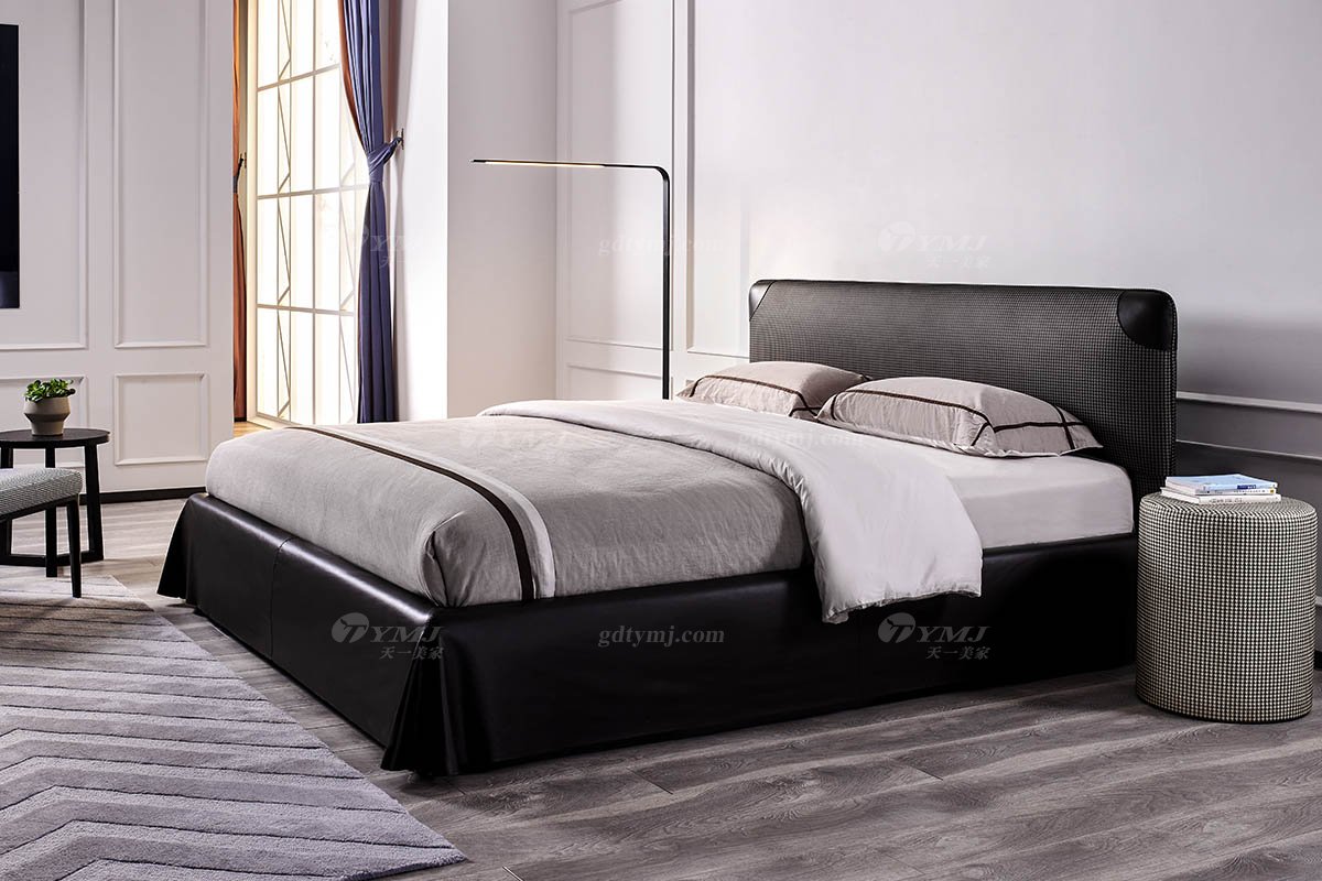 意式極簡風格高端別墅會所家具品牌現代輕奢臥室高級真皮雙人床BB1603-18床場景