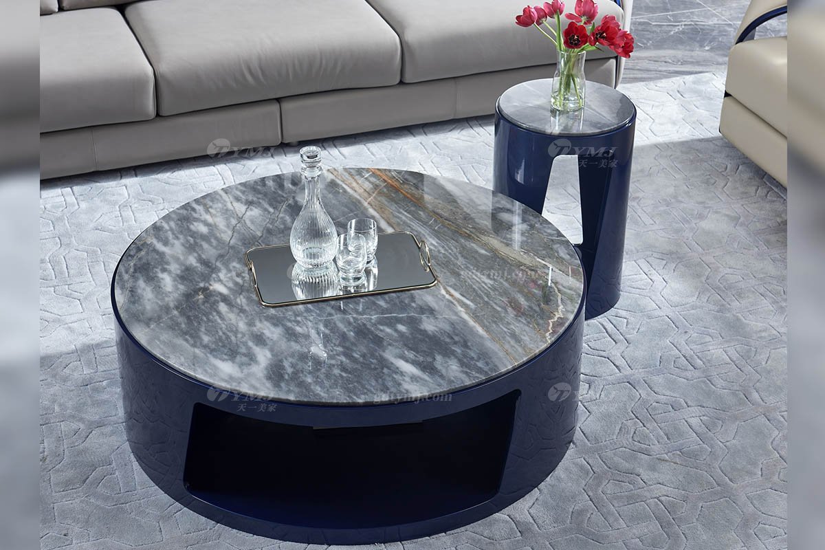 高端別墅豪宅家具星級酒店家具品牌后現代輕奢風格客廳時尚孔雀藍+魚肚灰石面茶幾TK758-120茶幾組合