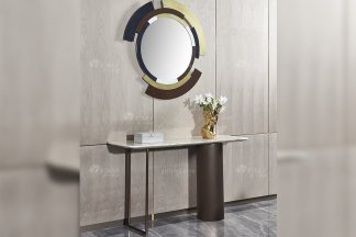 高端別墅豪宅家具星級酒店家具品牌后現代輕奢風格客廳時尚魚肚白石面+金屬底玄關