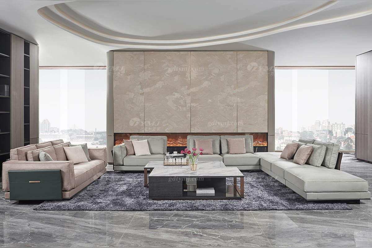 高端會所別墅大宅家具品牌后現(xiàn)代輕奢風格客廳大氣舒適米色轉(zhuǎn)角組合沙發(fā)TX004組合沙發(fā)場景
