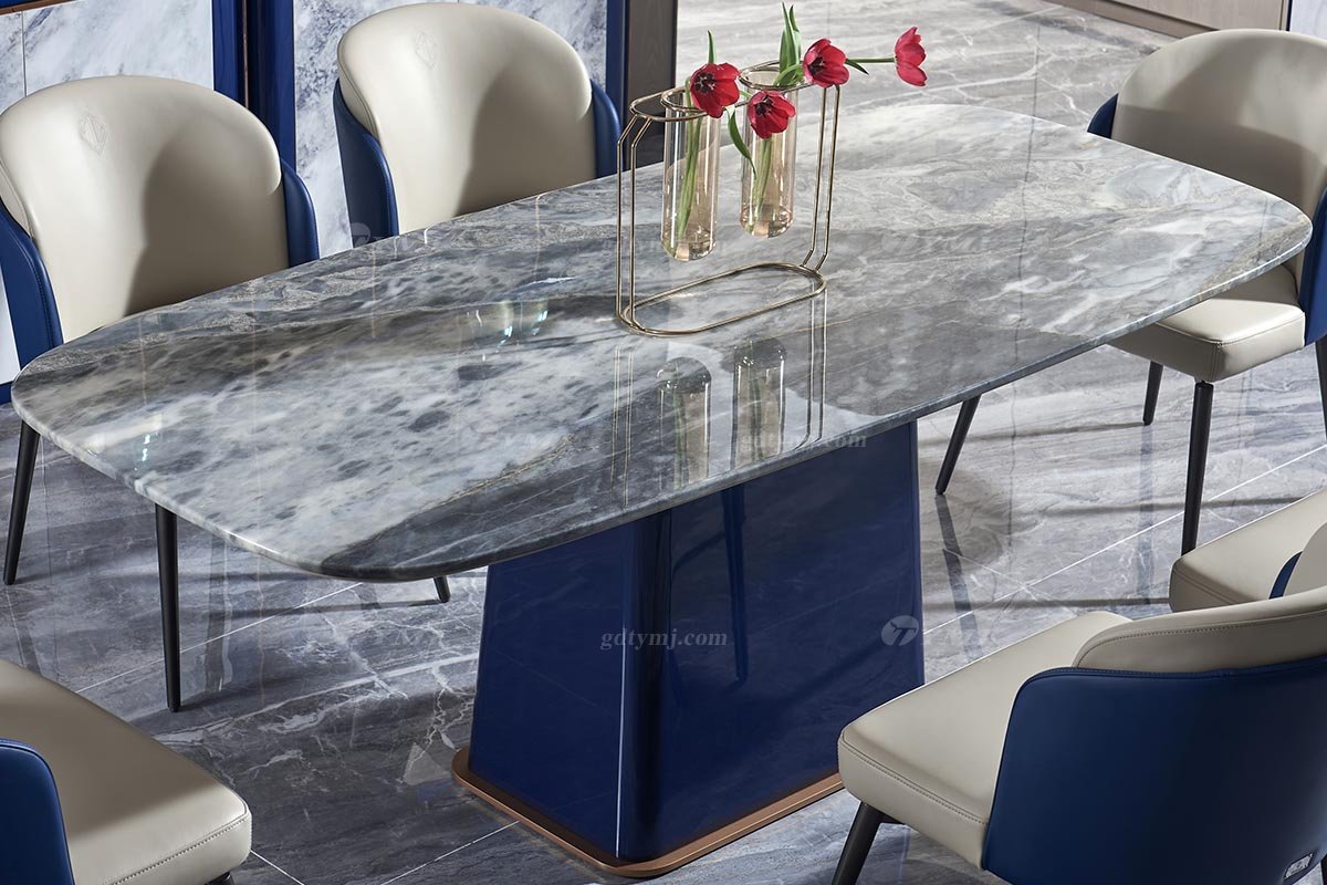 后現代輕奢風格家具高端會所別墅品牌家具時尚餐廳魚肚灰石面+孔雀藍餐桌餐
