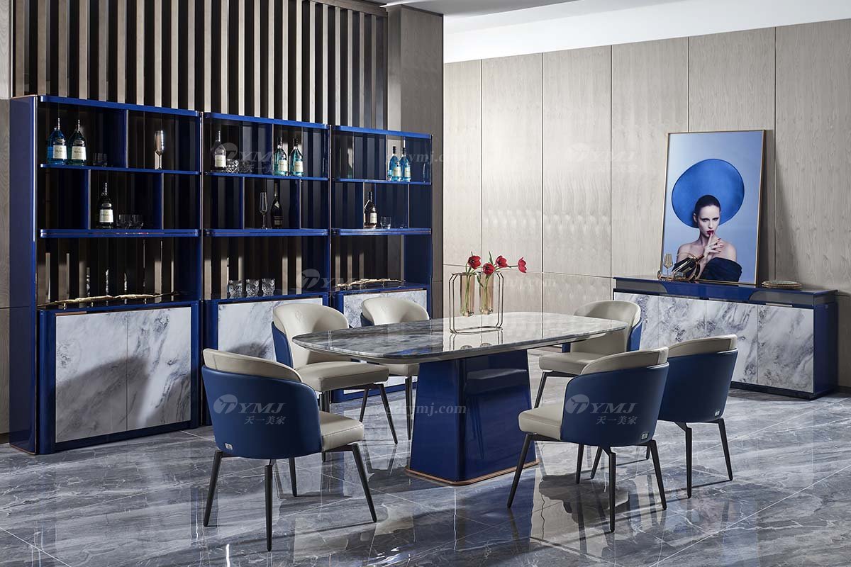 后現(xiàn)代輕奢風(fēng)格家具高端會(huì)所別墅品牌家具時(shí)尚餐廳魚(yú)肚灰石面+孔雀藍(lán)餐桌餐臺(tái)TC808-200餐桌場(chǎng)景