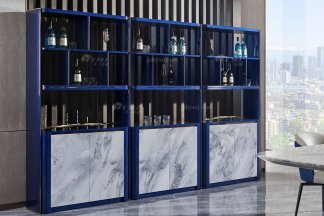 后現代輕奢風格家具高端會所別墅品牌家具時尚大氣餐廳大理石紋+孔雀藍六門酒柜