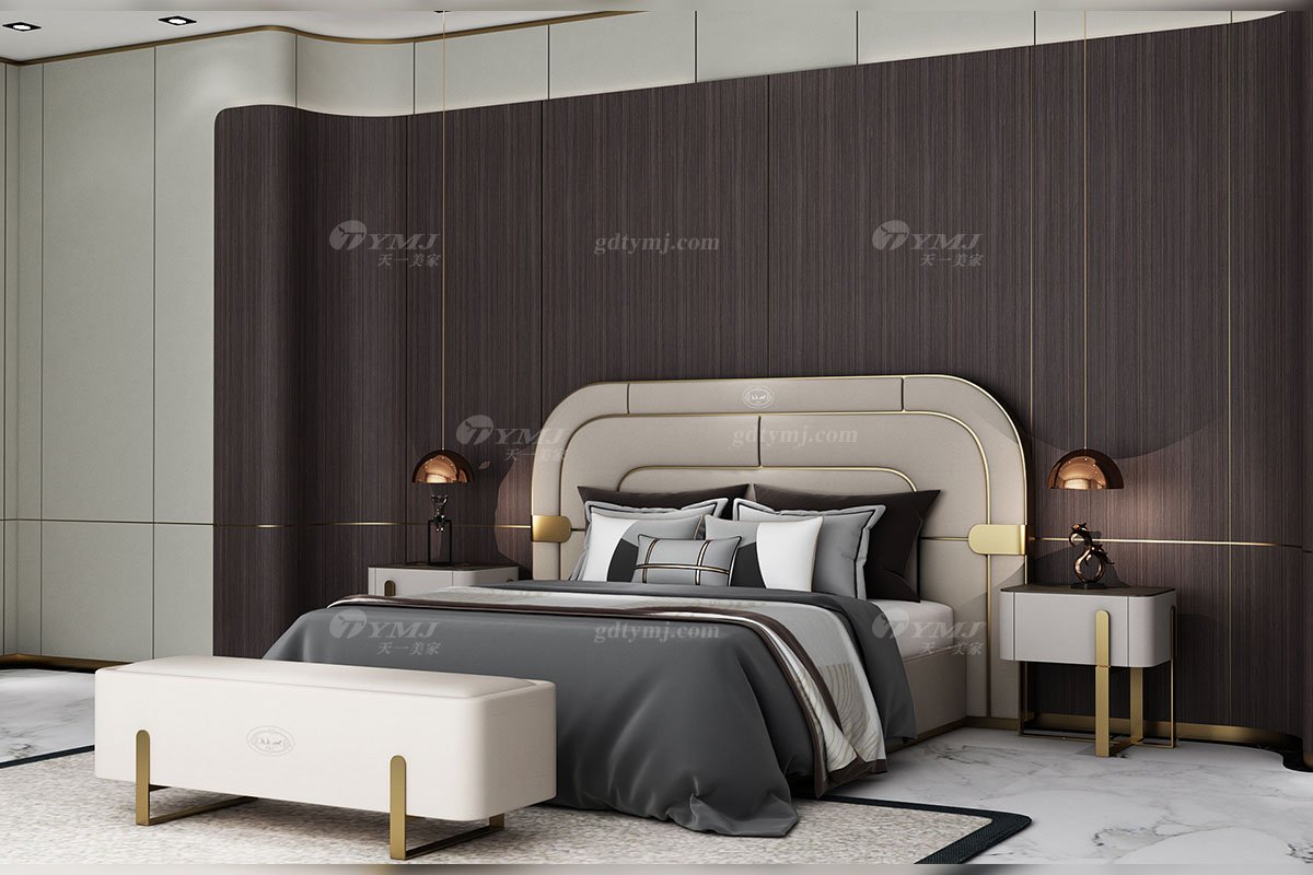 輕奢后現代風格家具高端會所別墅品牌家具時尚臥室樹榴飾面+玫瑰金屬床頭柜CW338-06床頭柜場景