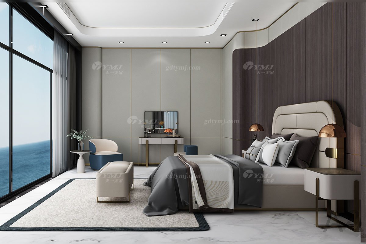 輕奢后現代風格家具高端會所別墅品牌家具時尚臥室樹榴飾面+玫瑰金屬床頭柜CW338-06床頭柜組合