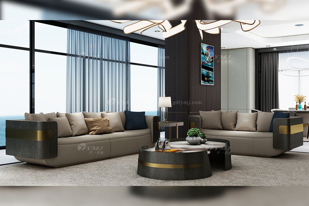 輕奢后現代風格家具高端會所別墅品牌家具時尚客廳真皮+樹瘤二位沙發CX640-2兩位沙發場景