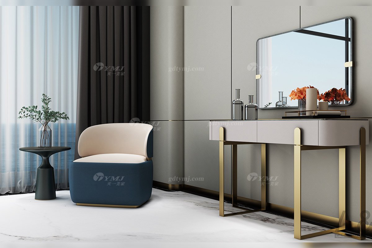 輕奢后現(xiàn)代風(fēng)格家具高端會(huì)所別墅品牌家具時(shí)尚臥室樹瘤+玫瑰金屬梳妝臺CW422-021梳妝臺場景