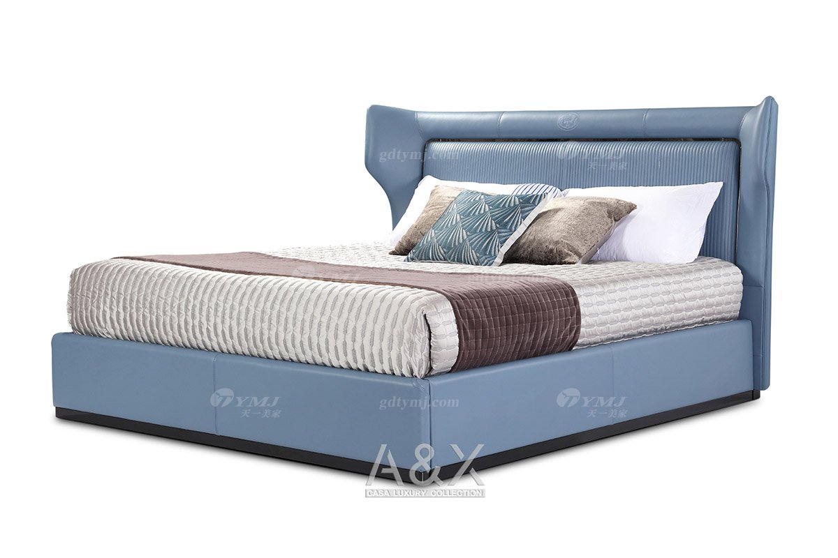 輕奢后現代風格家具高端會所別墅品牌家具臥室大氣藍色真皮+金屬大床CW241-081床1