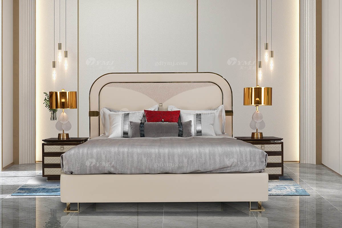 高端簡美輕奢風(fēng)格家具別墅會(huì)所家具品牌臥室時(shí)尚不銹鋼金屬雙人床大床3025-112床場(chǎng)景