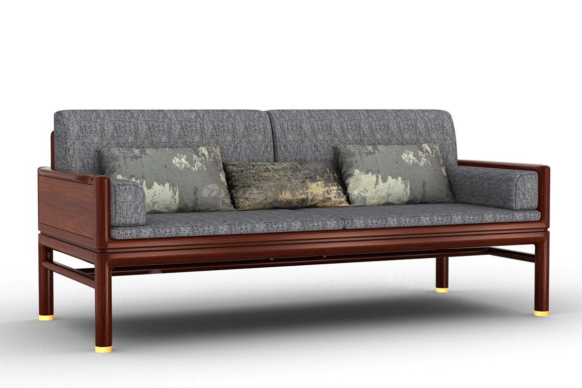 時尚新中式辦公家具風格品牌家具高端簡約大氣刺猬紫檀實木+布藝三位沙發