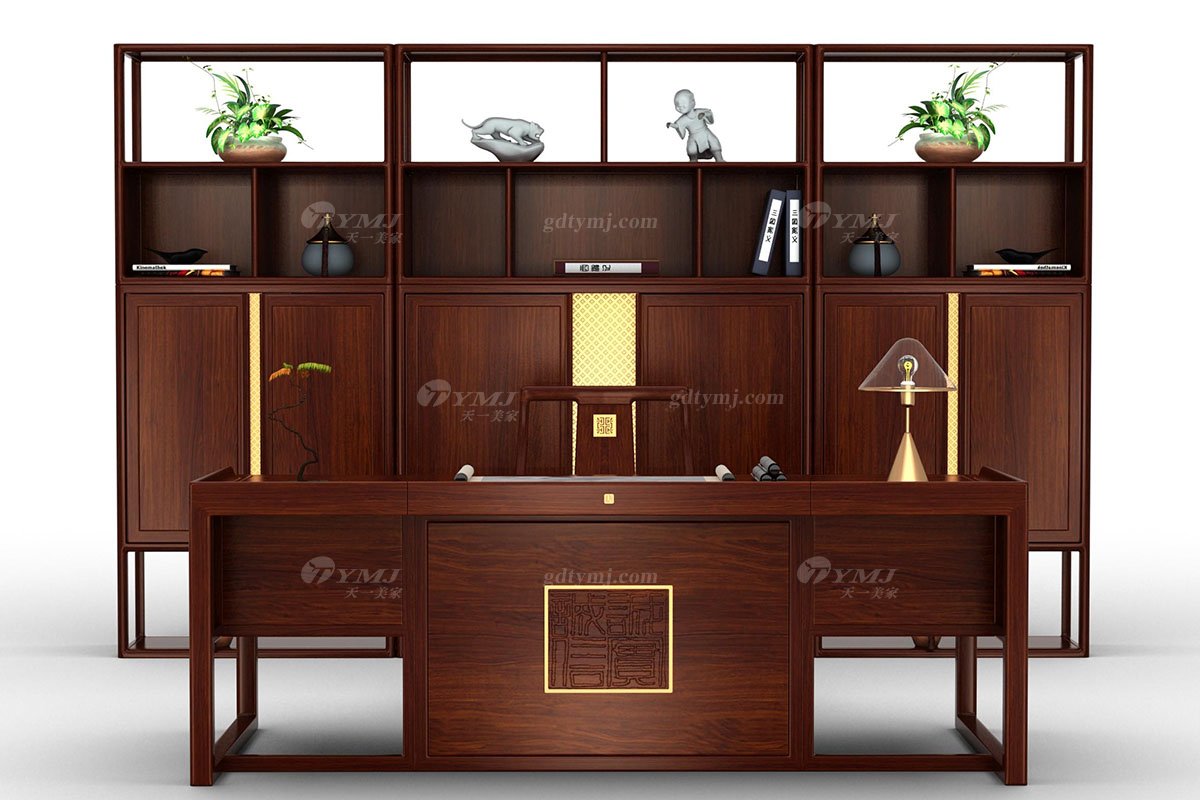 新中式辦公家具風(fēng)格高端品牌家具簡(jiǎn)約大氣實(shí)木刺猬紫檀書桌大班臺(tái)悟景班臺(tái)場(chǎng)景