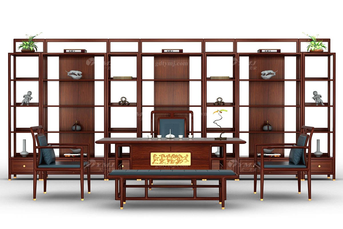 新中式辦公家具風格高端品牌家具簡約時尚大氣實木安哥拉紫檀博古架馬到成功博古架組合場景
