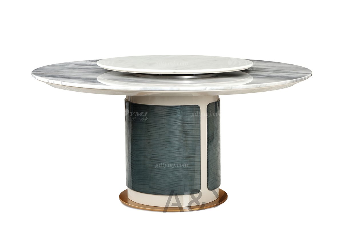 輕奢后現(xiàn)代風(fēng)格家具高檔會(huì)所別墅家具品牌時(shí)尚玫瑰金拉絲+大理石餐桌CC866-061餐桌（帶轉(zhuǎn)盤(pán)）