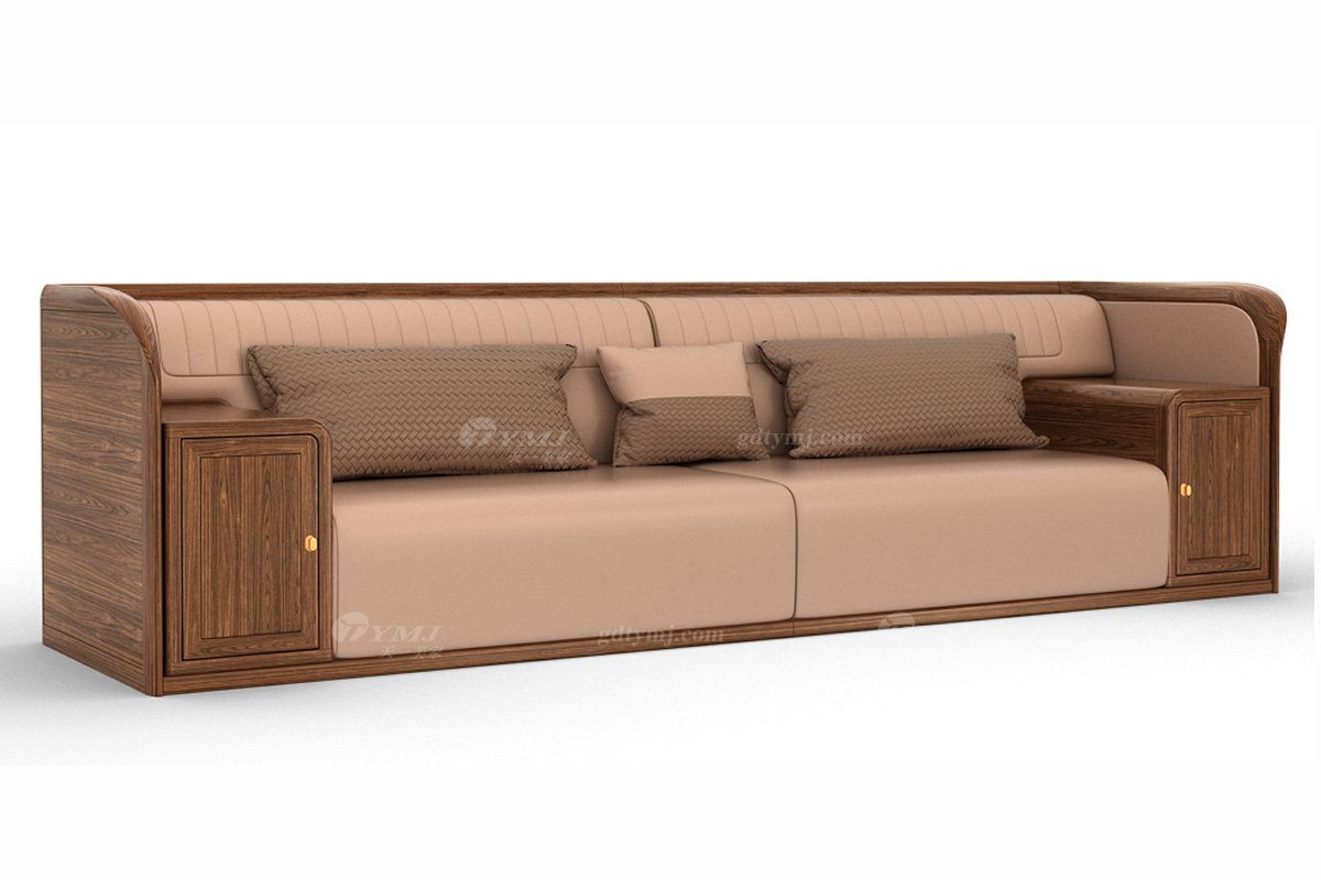 新中式高端會所家具品牌簡約風格客廳大氣實木+皮藝四位沙發