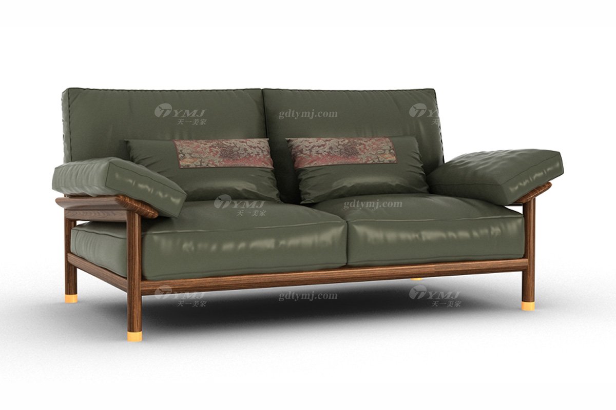 新中式高端別墅家具品牌簡約風(fēng)格客廳時(shí)尚墨綠色生態(tài)皮藝二位沙發(fā)