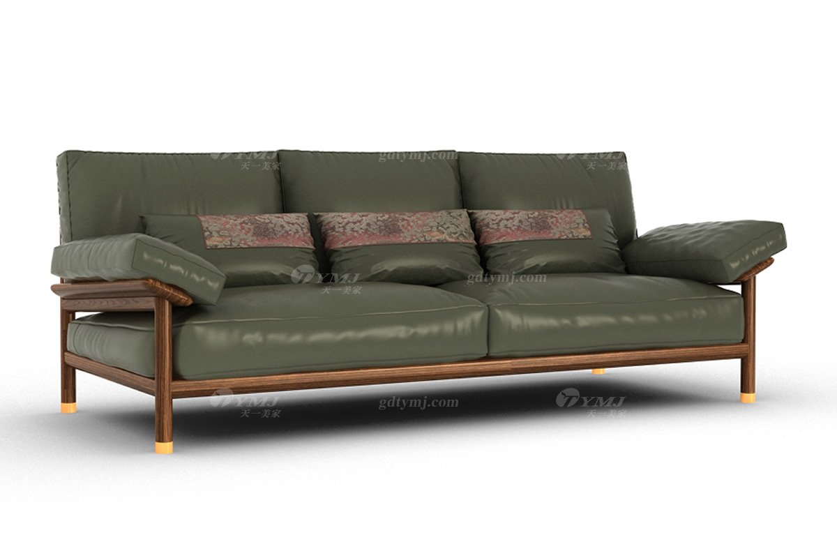 新中式高端別墅家具品牌簡約風(fēng)格客廳時(shí)尚墨綠色生態(tài)皮藝三位沙發(fā)