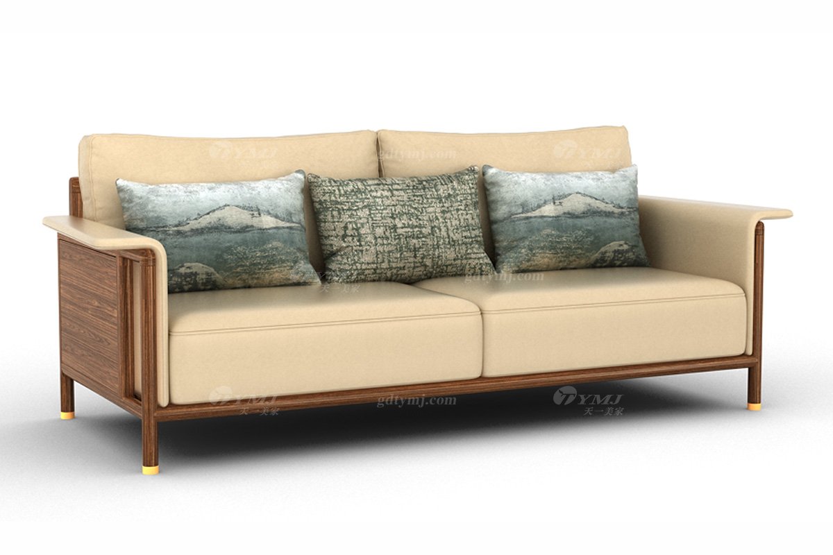 新中式家具風(fēng)格高端別墅家具品牌簡約風(fēng)格客廳極簡實(shí)木+生態(tài)皮藝三位沙發(fā)