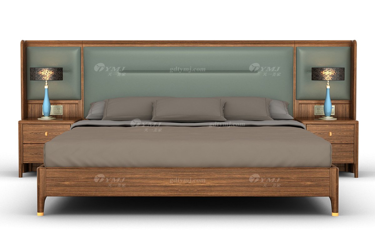 新中式風格家具高端會所家具品牌簡約風格臥室家具生態皮雙人大床H-XCHZDC大床場景
