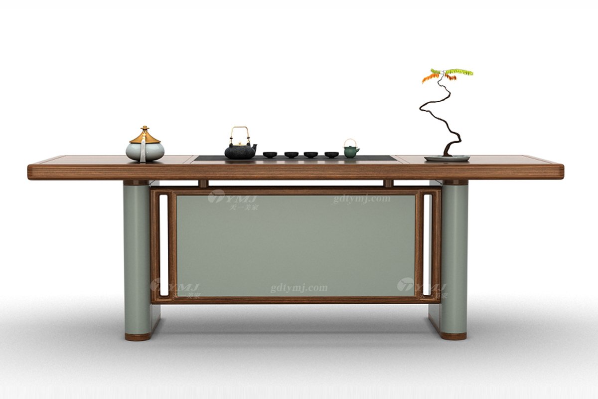 新中式風格家具高端別墅家具品牌簡約大氣時尚茶室家具實木+生態皮藝茶臺