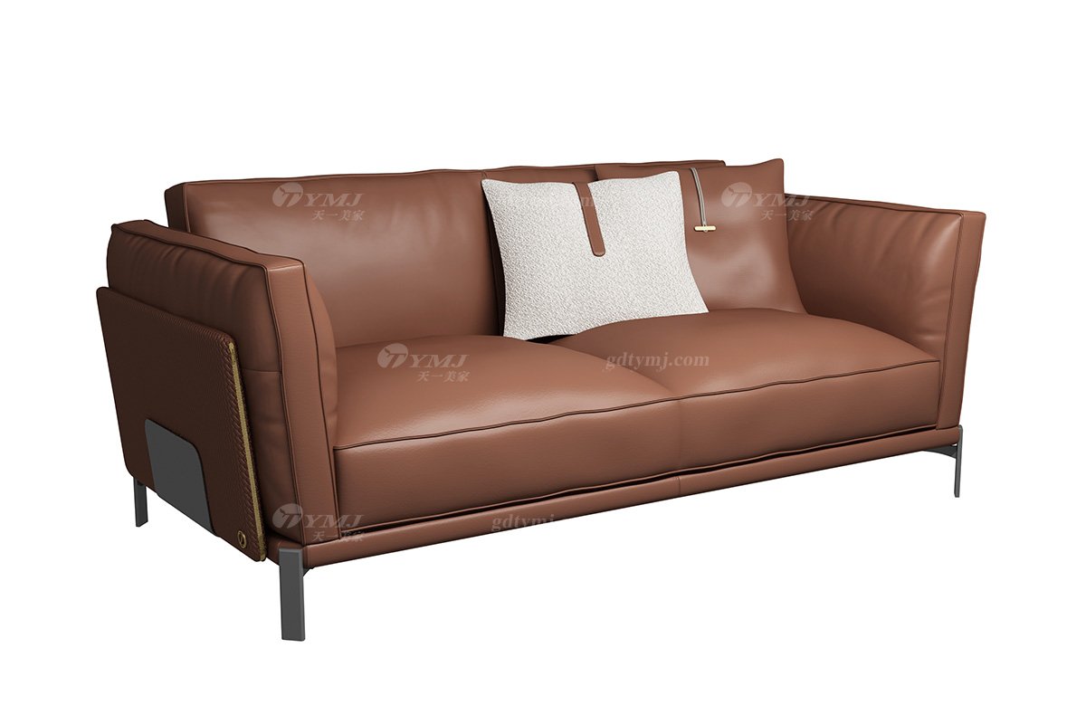 極簡風格家具別墅會所高級舒適實木進口黃牛皮橙色雙人位沙發