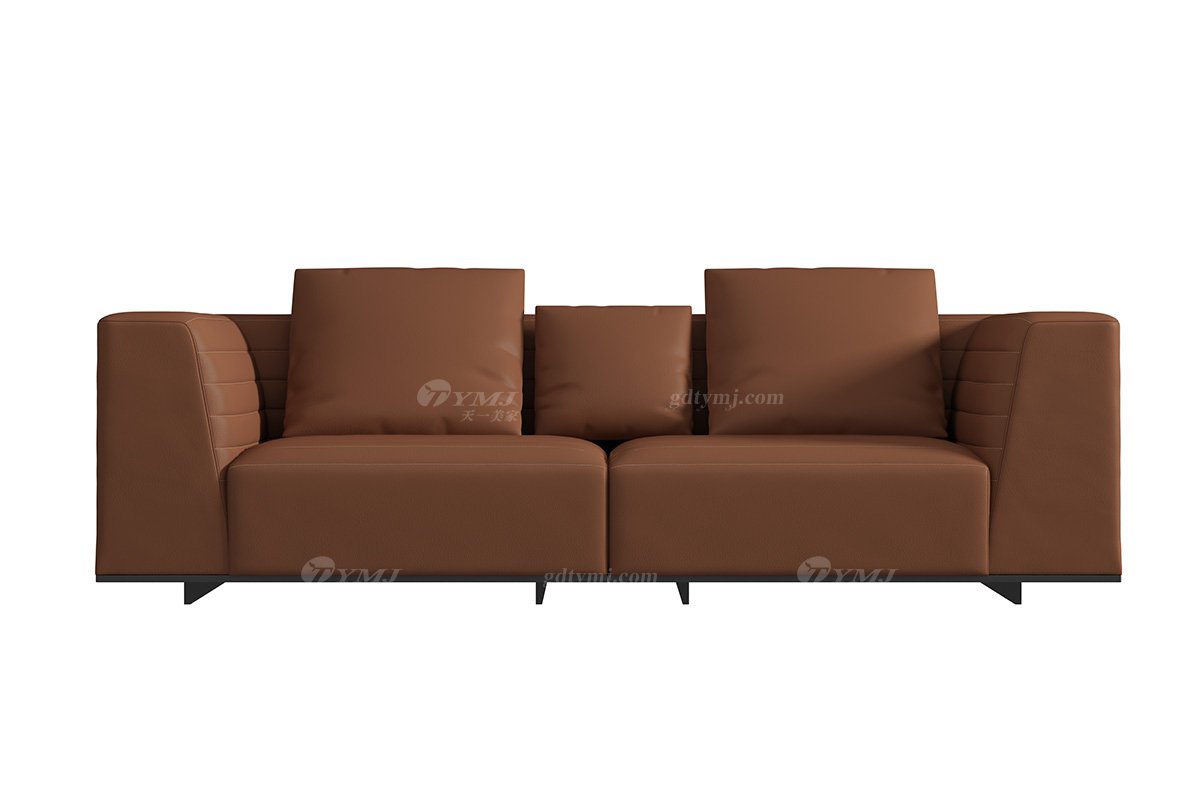 極簡風格家具別墅會所舒適實木進口頭層黃牛皮咖啡棕色三位沙發