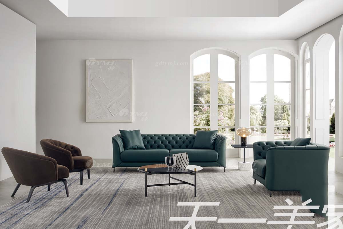 極簡風格家具高端別墅會所大宅簡約實木綠色半皮單位沙發WD601沙發場景