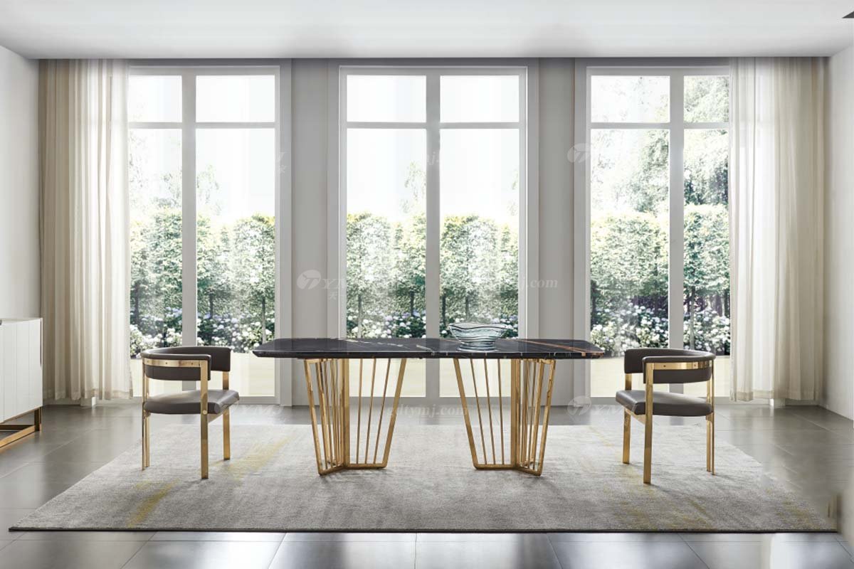 極簡風(fēng)格家具高端別墅會所大宅簡約不銹鋼底+勞倫黑金大理石長餐臺WD707餐桌