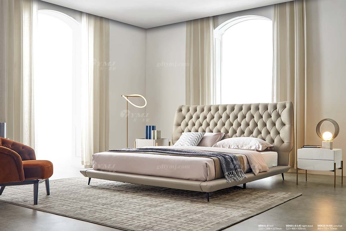 極簡風格家具高端別墅會所大宅時尚創意實木灰色半皮大床WD601床