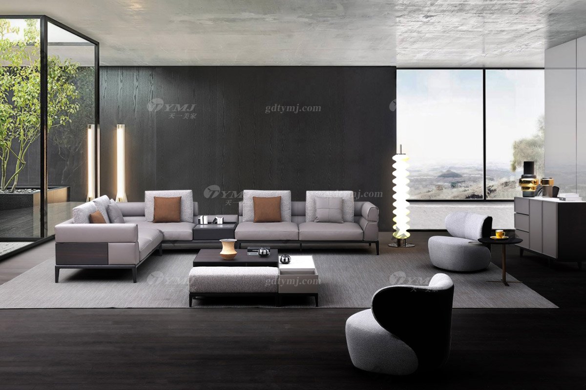 時尚高端現代極簡家具別墅大宅大戶型舒適大氣實木+真皮組合沙發(fā)組合沙發(fā)