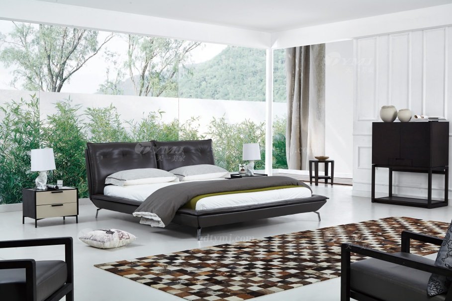  現代簡約家具高端別墅會所家用時尚舒適棕色皮藝大床婚床雙人床A2203場景