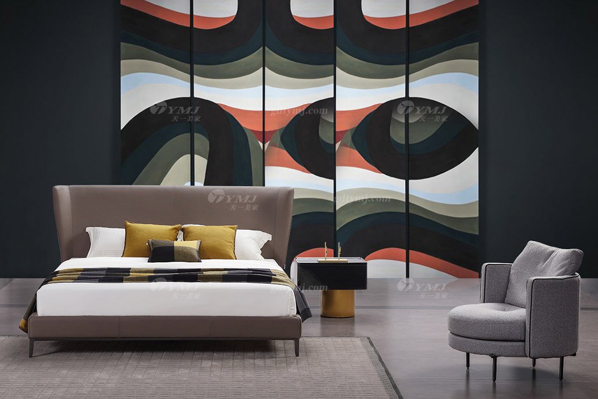  現(xiàn)代簡(jiǎn)約家具高端別墅會(huì)所家用時(shí)尚舒適深灰色真皮大床婚床雙人床A2312場(chǎng)景