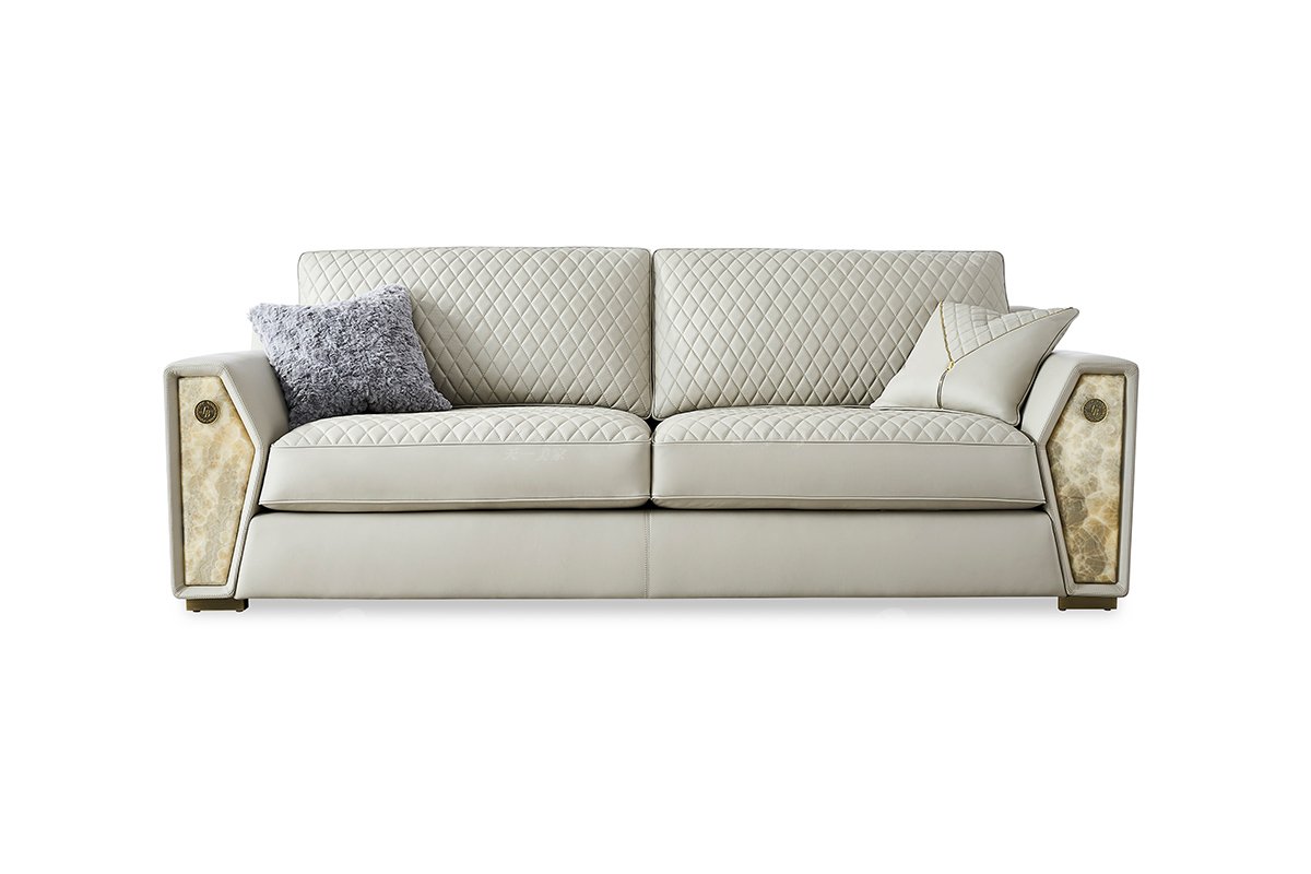 意式輕奢家具高端別墅會(huì)所家用時(shí)尚高級(jí)灰色皮藝+青古銅金屬三位沙發(fā)