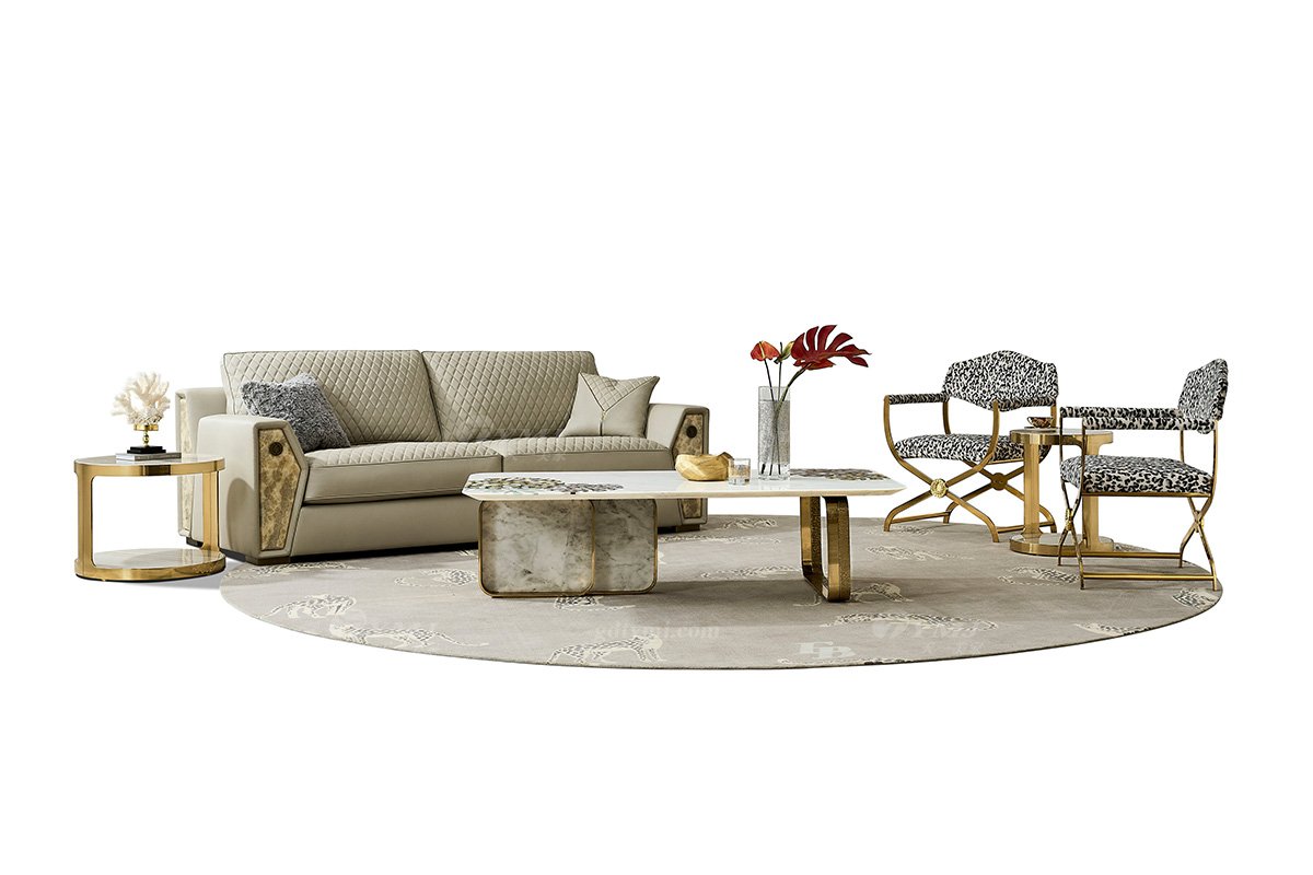 意式輕奢家具高端別墅會所家用時尚高級灰色皮藝+青古銅金屬三位沙發FB106SF3B場景