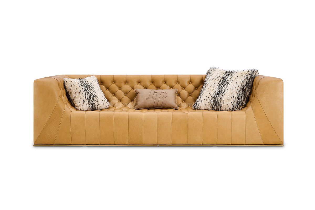 意式輕奢家具高端別墅會所家用時尚舒適大氣豪宅金屬+黃色拉扣四位沙發(fā)