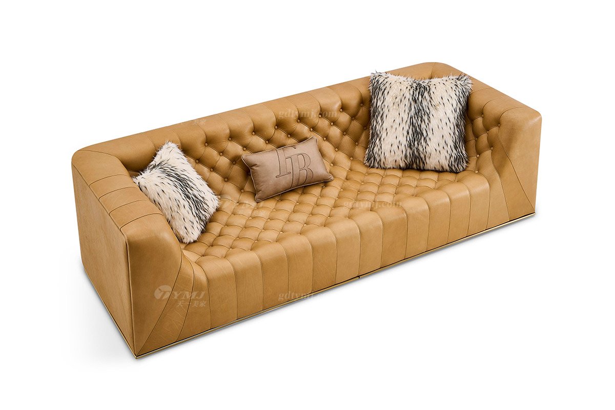 意式輕奢家具高端別墅會所家用時尚舒適大氣豪宅金屬+黃色拉扣四位沙發FB133SF4-2