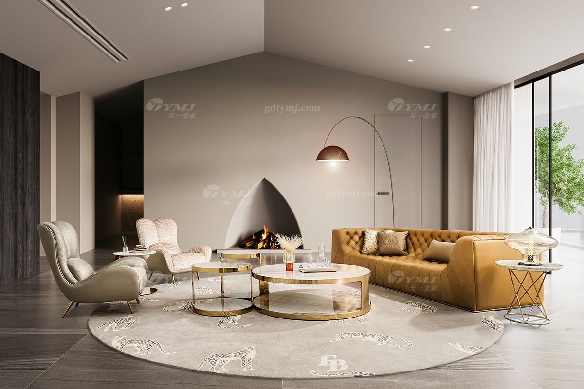 意式輕奢家具高端別墅會所家用時尚舒適大氣豪宅金屬+黃色拉扣四位沙發FB133SF4場景