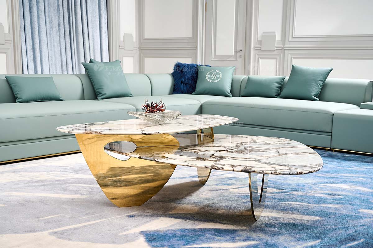 意式輕奢家具高端別墅會所家用時尚高級鈦金屬+大象白大理石大茶幾FB130H4ELY場景