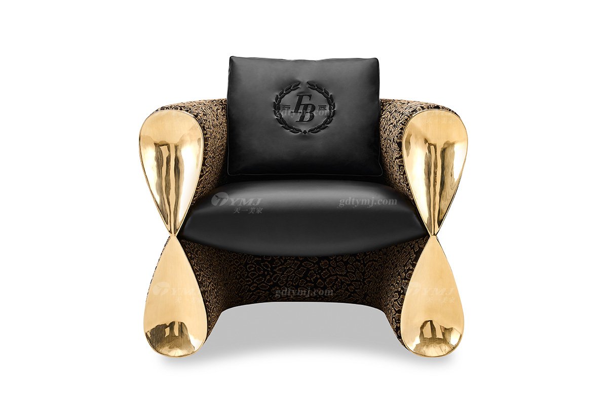 意式輕奢家具高端別墅會所大宅家用時尚大氣皮布藝+鈦金屬單位沙發(fā)休閑椅