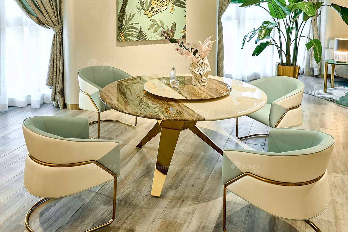 意式輕奢家具高端別墅會所大宅家用時尚創意大理石+鈦金屬圓餐臺FB118D25RL場景