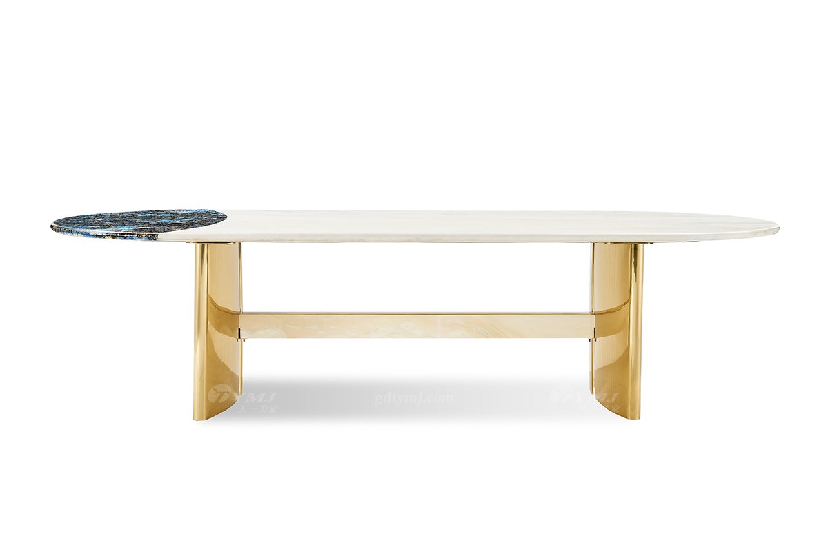 意式輕奢家具高端別墅會所大宅家用時尚2.4米大理石+鈦金屬橢圓餐臺