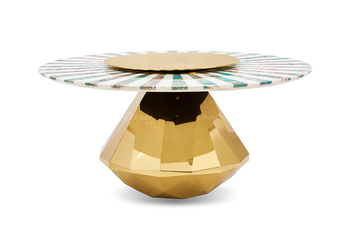 意式輕奢家具高端別墅會所大宅家用奢華大氣1.6米雙拼大理石+鈦金屬圓餐臺