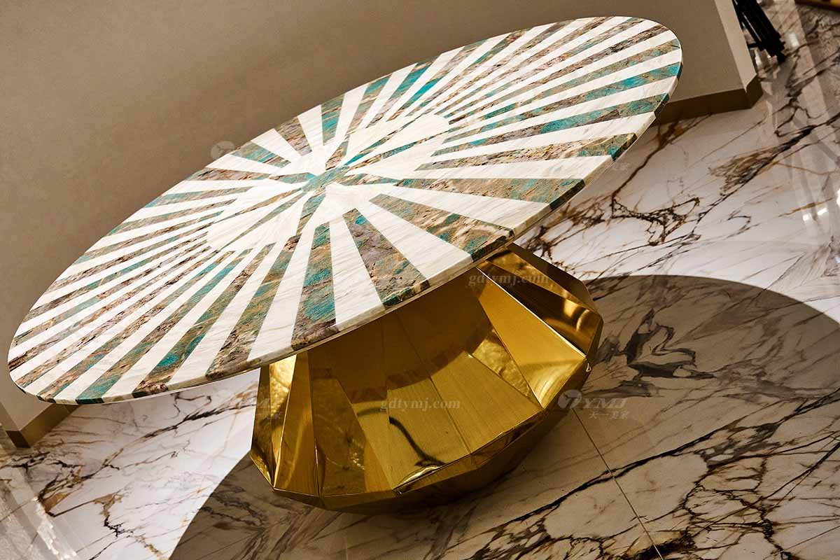 意式輕奢家具高端別墅會所大宅家用奢華大氣1.6米雙拼大理石+鈦金屬圓餐臺FB135D25RM場景