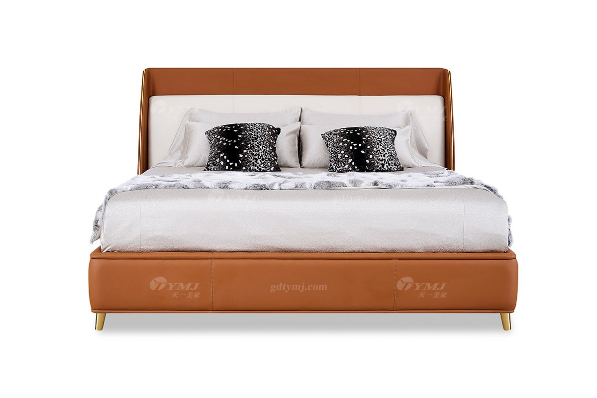 意式輕奢家具高端別墅會所大宅家用時尚奢華鈦金屬橙色真皮1.8米大床