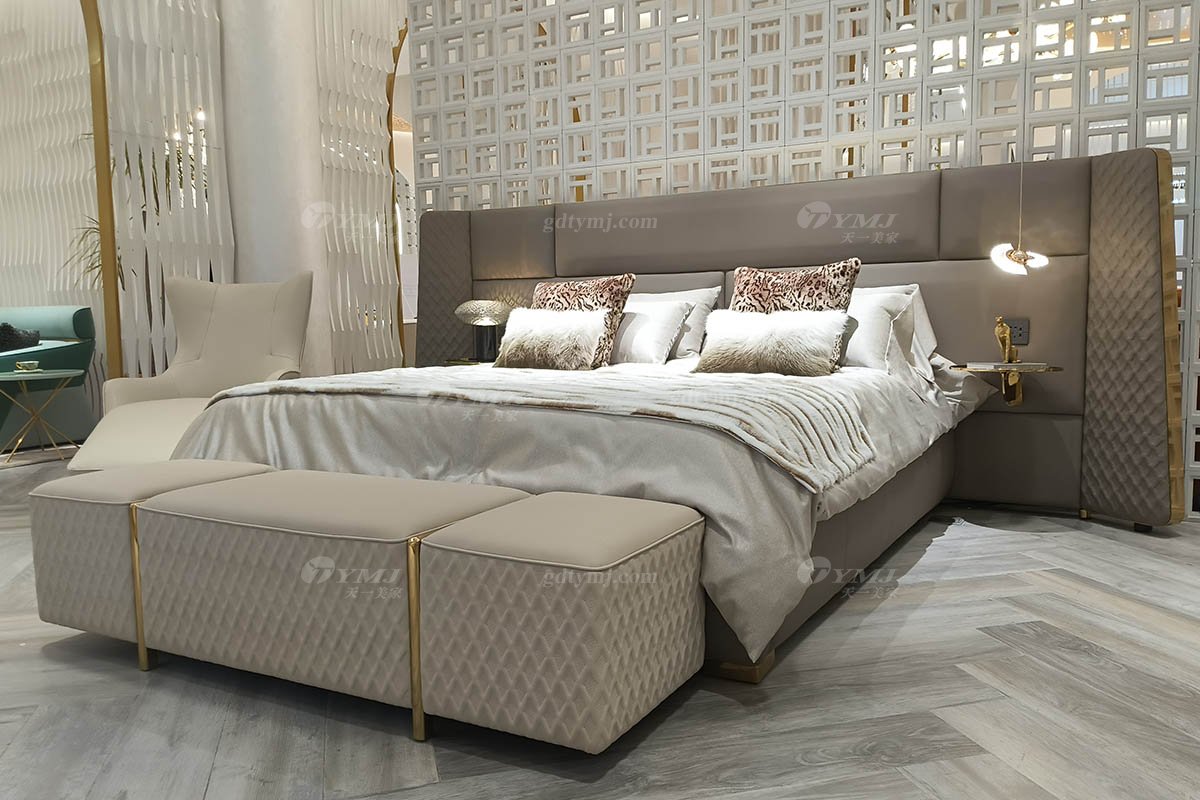 意式輕奢家具高端別墅會所豪宅家用時尚奢華鈦金+咖色真皮超大床屏大床122B21M床2