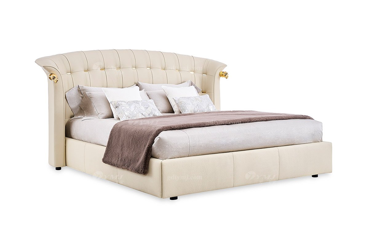 意式輕奢家具高端別墅會所豪宅家用時尚奢華米色真皮大床123B21M床1