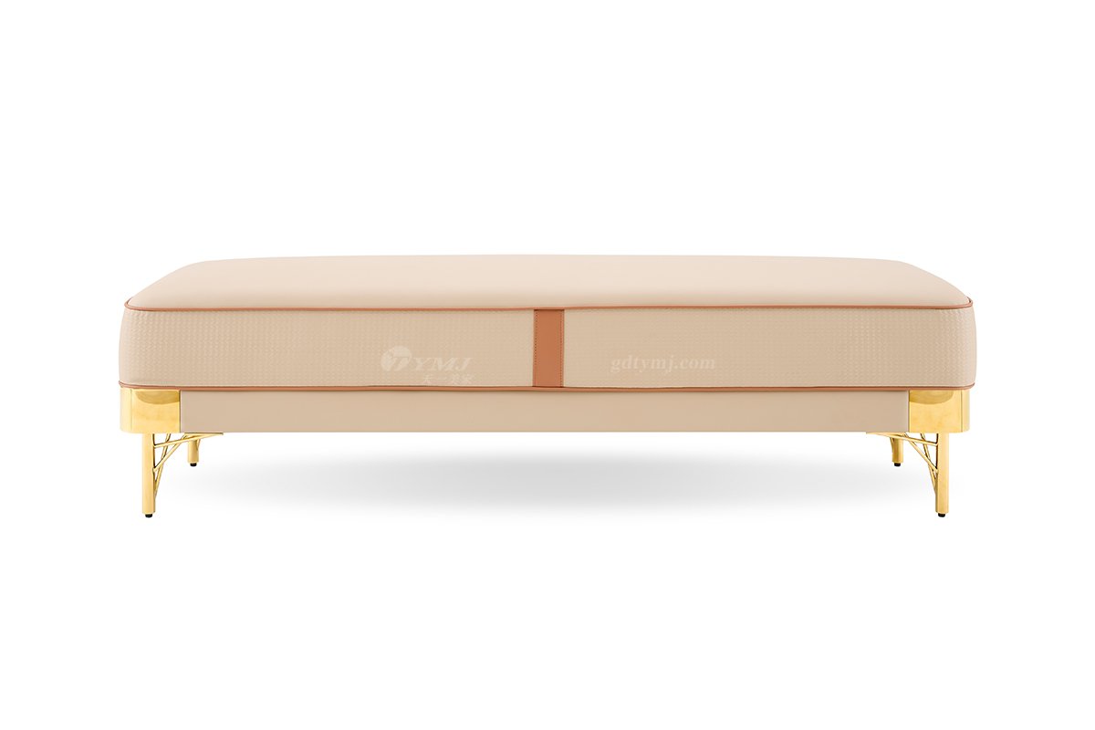 意式輕奢家具高端別墅會(huì)所豪宅家用時(shí)尚奢華不銹鋼鏡面金屬米黃色床尾凳