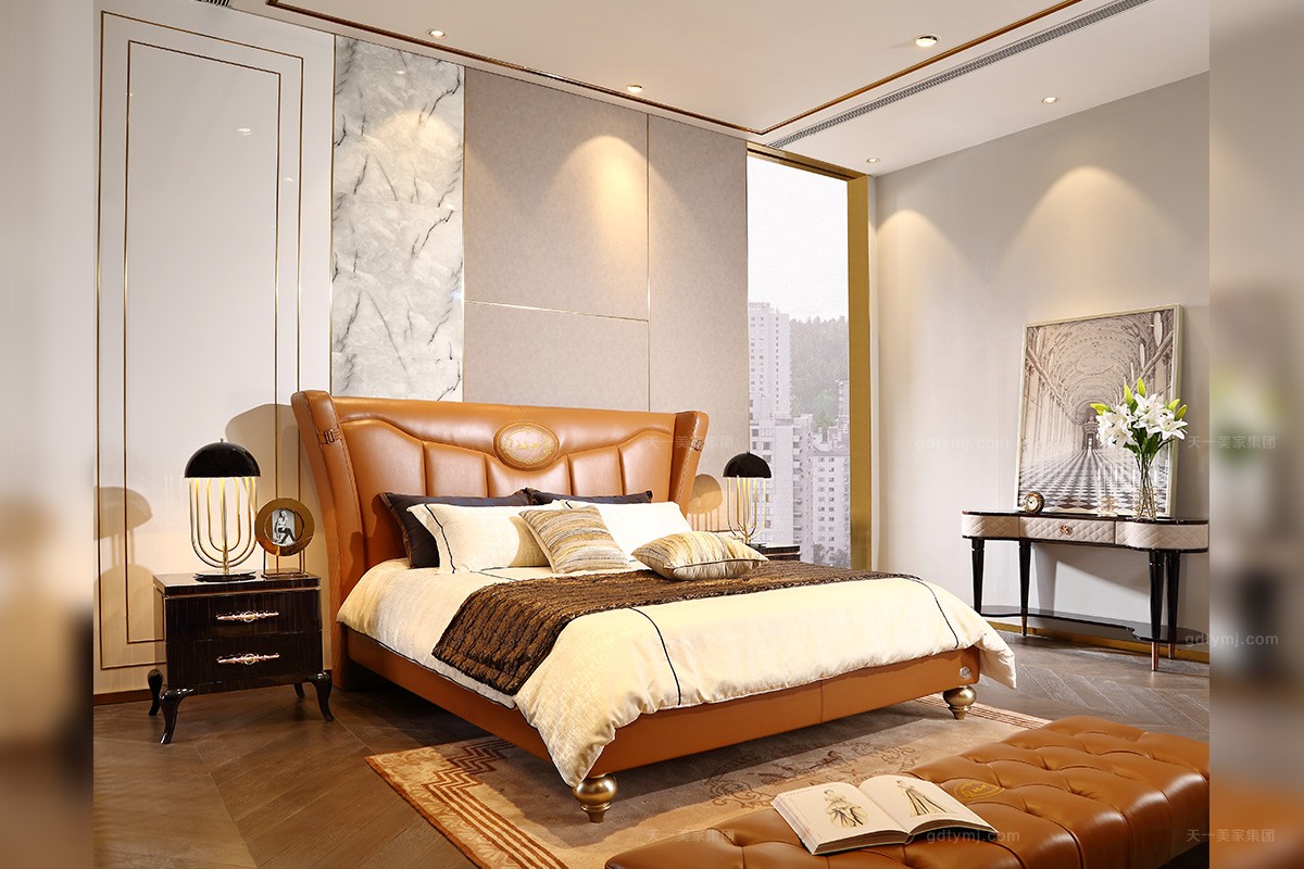 后現代輕奢主義愛馬仕橙真皮雙人大床