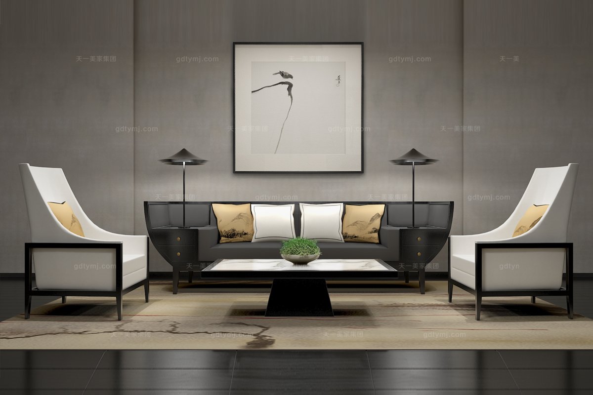 高檔新中式實木三人沙發組合